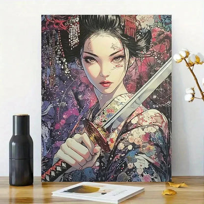Beautiful Geisha Woman with Sword Face And Eyes 40x60cm Metal Print Ready to Hang