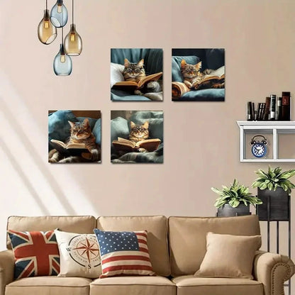 4pcs Adorable Ginger Cat Reading Wall Art Canvas Framed