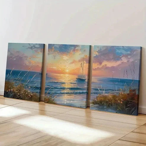 3pcs Golden Hour Sky Calm Sea and Wildflowers Wall Art Set Canvas Unframed - High Quality Print 100% Australian Made Wall Canvas
