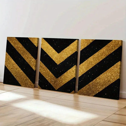 3pcs Abstract Golden Glitter Chevron Stripes Wall Art Set Canvas Framed 60x90cm - High Quality Print 100% Australian Made Wall Canvas Ready to Hang