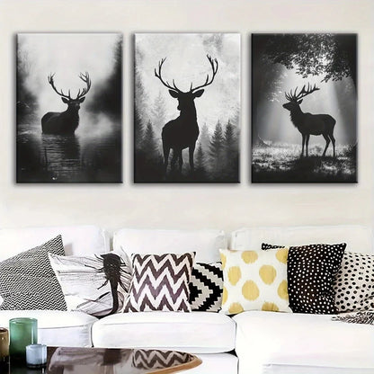 3pcs Forest Deer Black and White Metal Print Ready to Hang Art