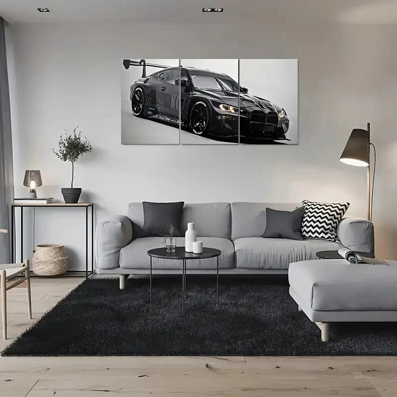 3pcs Black Sports Car Modern Automotive Metal Print Ready to Hang Art