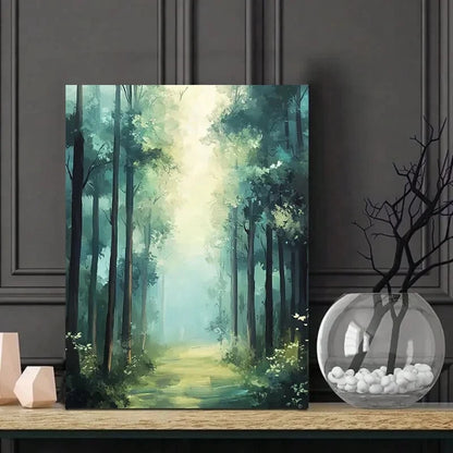 Misty Forest Painting of Tall Trees Forest 40x60cm Metal Print Ready to Hang
