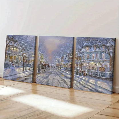 3pcs Snowy Town Scene with Horse Drawn Carriage Wall Art Set Canvas Framed 40x60cm - High Quality Print 100% Australian Made Wall Canvas Ready to Hang