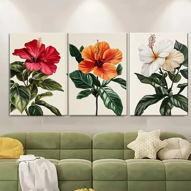 3pcs Red, Orange, and White Flowers Metal Print Ready to Hang Art