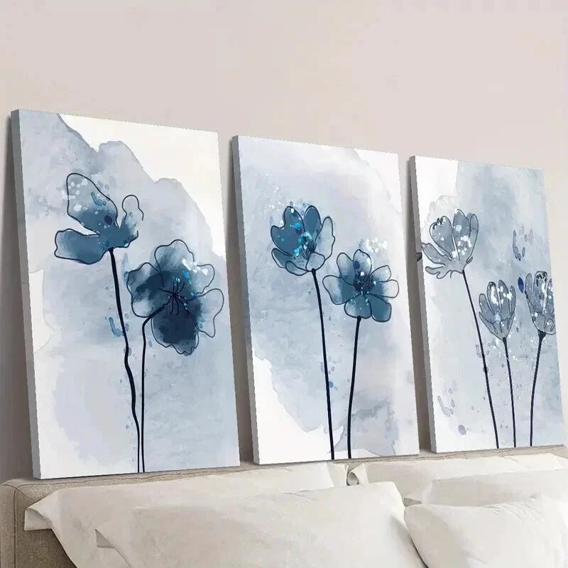 3pcs Botanical Blue Flower Decorations Wall Art Set Canvas Framed 40x60cm - High Quality Print 100% Australian Made Wall Canvas Ready to Hang