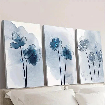 3pcs Botanical Blue Flower Decorations Wall Art Set Canvas Framed 40x60cm - High Quality Print 100% Australian Made Wall Canvas Ready to Hang