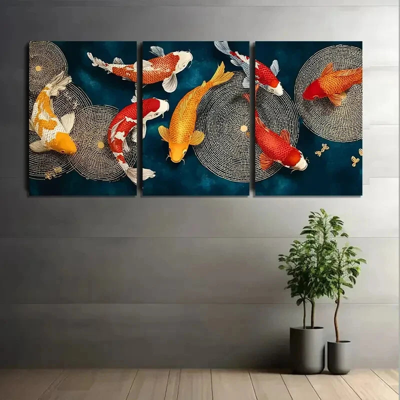 3pcs Koi Fish Vibrant Orange White Blue Metal Print Ready to Hang Art
