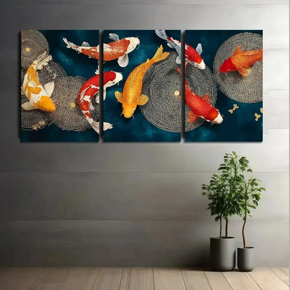 3pcs Koi Fish Vibrant Orange White Blue Metal Print Ready to Hang Art