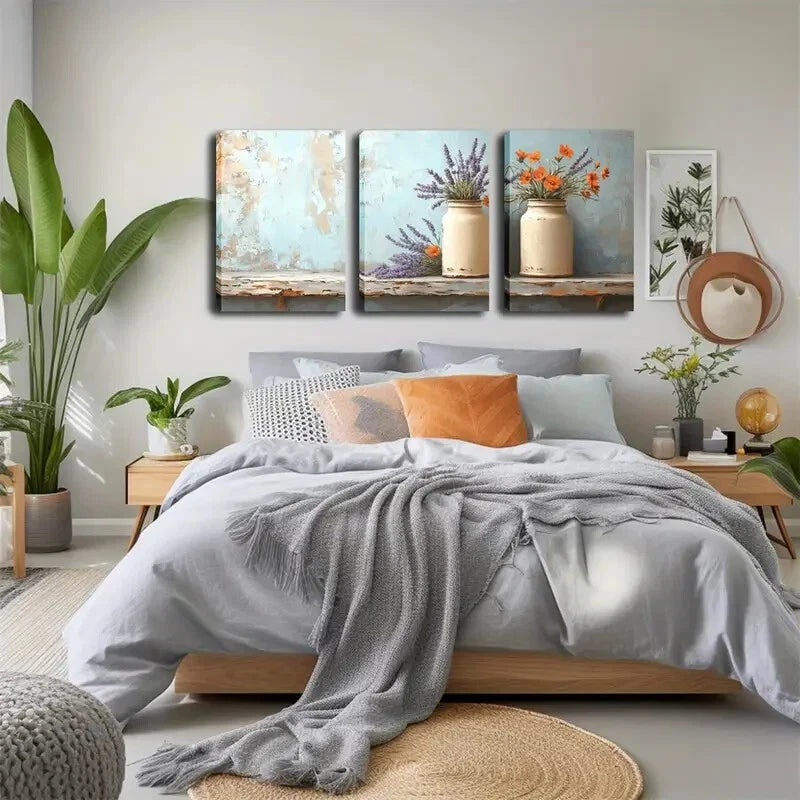 3pcs White Pots Lavender & Orange Flower Perfect Wall Art Set Canvas Framed 40x60cm - High Quality Print 100% Australian Made Wall Canvas Ready to Hang