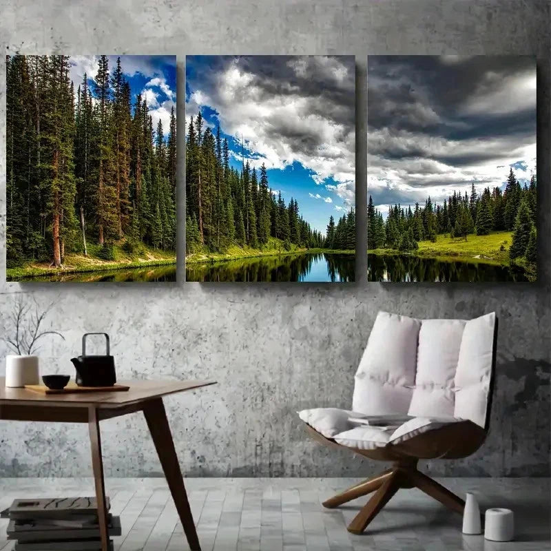 3pcs Tranquil Forest Reflection Serene River Metal Print Ready to Hang Art