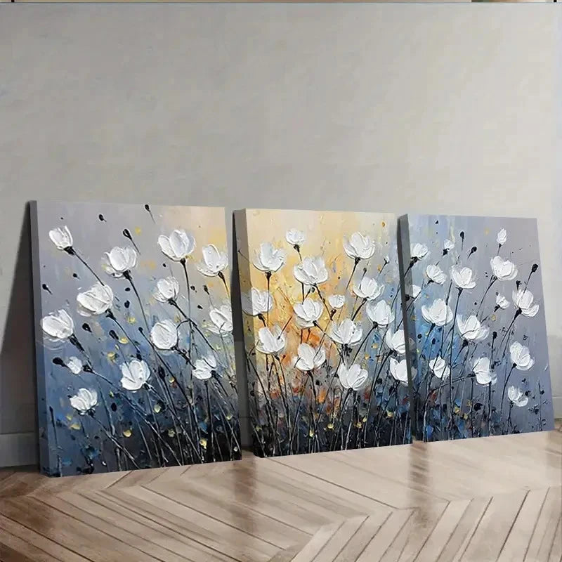3pcs Abstract Painting Of White Flowers Wall Art Set Canvas Framed 50x70cm - High Quality Print 100% Australian Made Wall Canvas Ready to Hang