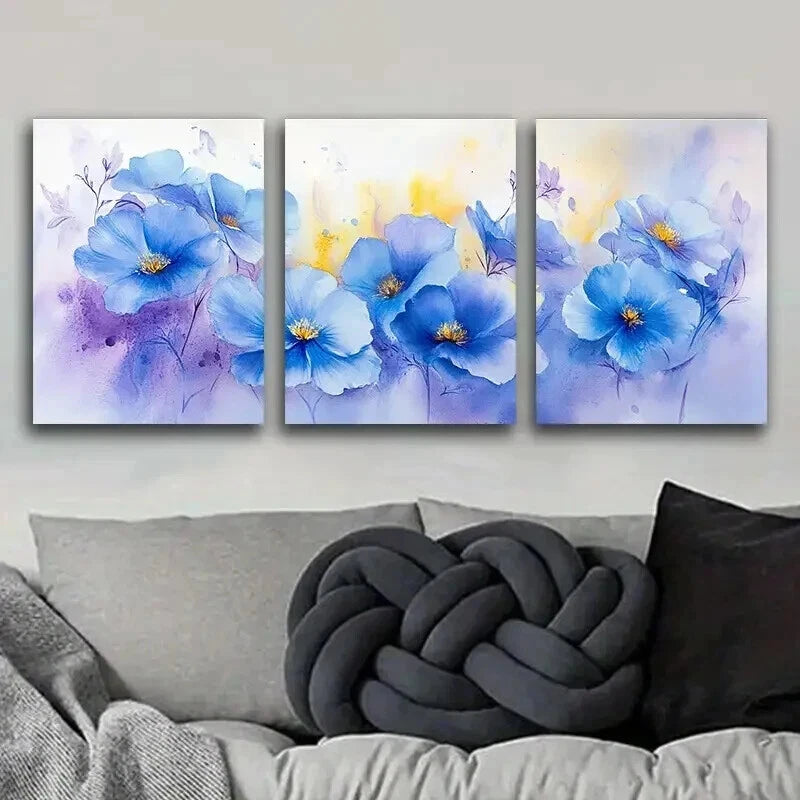 3pcs Blue Flower Colorful Floral Light Perfect Wall Art Set Canvas Framed 60x90cm - High Quality Print 100% Australian Made Wall Canvas Ready to Hang