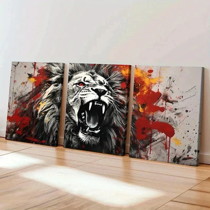 3pcs Abstract Animal Art Roaring Lion Watercolor Wall Art Set Canvas Framed 40x60cm - High Quality Print 100% Australian Made Wall Canvas Ready to Hang