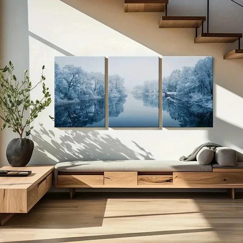 3pcs Winter Snow Scene River Tree Modern Wall Art Set Canvas Framed 40x60cm - High Quality Print 100% Australian Made Wall Canvas Ready to Hang
