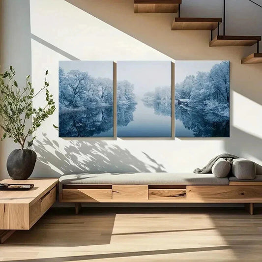 3pcs Winter Snow Scene River Tree Modern Wall Art Set Canvas Framed 40x60cm - High Quality Print 100% Australian Made Wall Canvas Ready to Hang