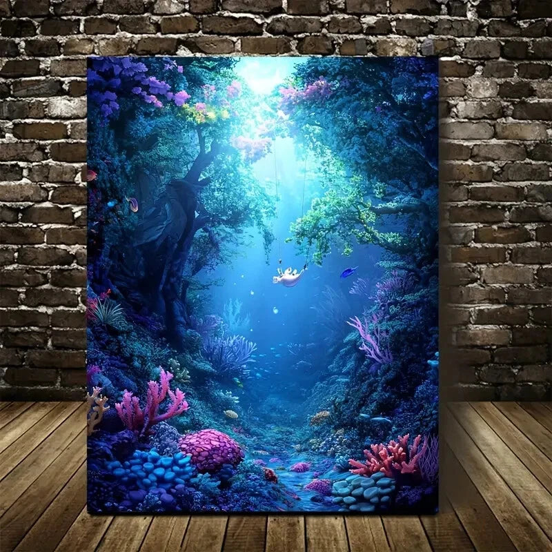 Whimsical Rabbit Swimming Under Coral Reef Painting 40x60cm Metal Print Ready to Hang