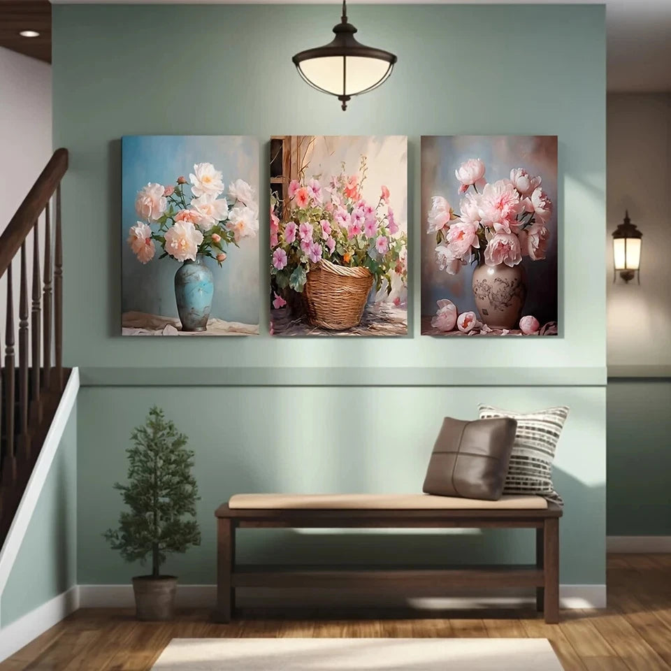 3pcs Pink & White Roses Peonies and Hydrangeas Metal Print Ready to Hang Art