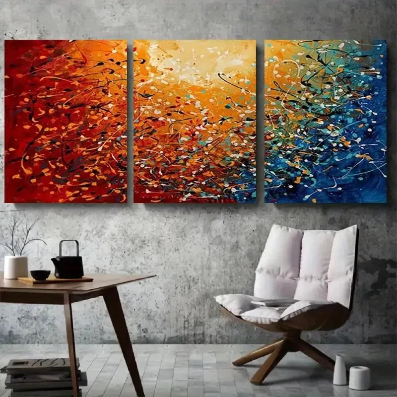3pcs Vibrant Abstract Splatter Dynamic Orange Metal Print Ready to Hang Art