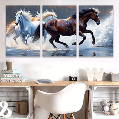 3pcs Galloping Horses Scene Wall Art Set Canvas Framed 50x70cm - High Quality Print 100% Australian Made Wall Canvas Ready to Hang