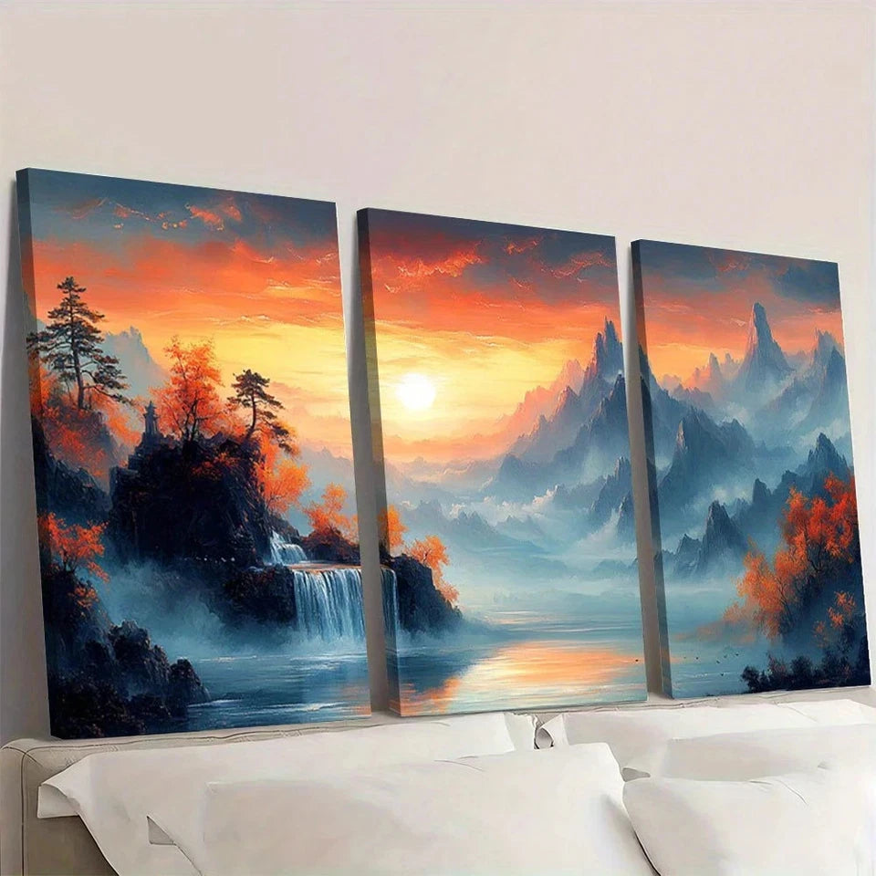 3pcs Golden Foil Chinese Mountain Scenery Wall Art Set Canvas Framed 60x90cm - High Quality Print 100% Australian Made Wall Canvas Ready to Hang