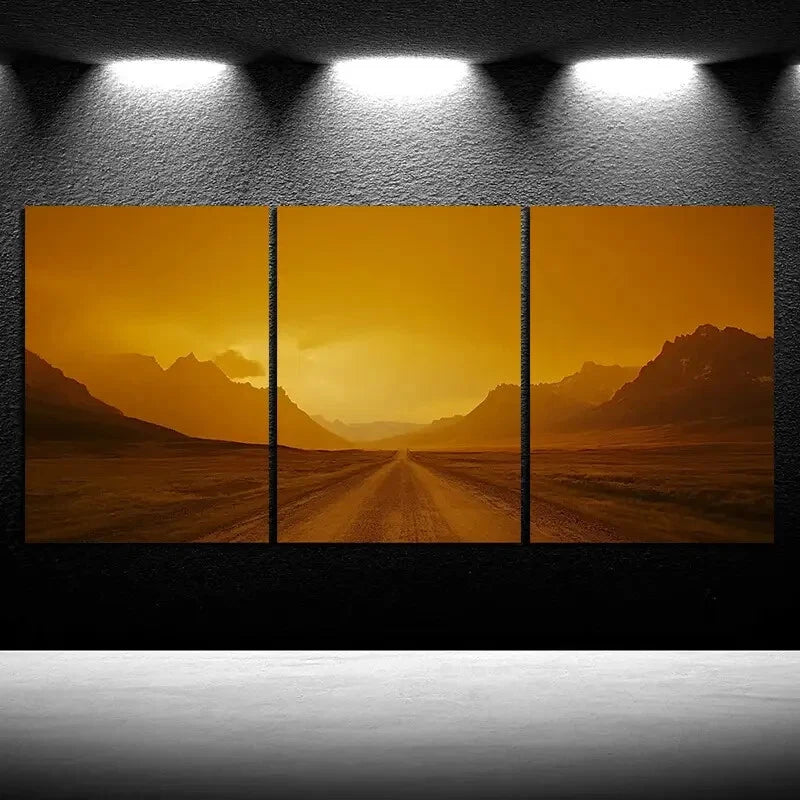 3pcs The Road Under Sunset Glow Metal Print Ready to Hang Art
