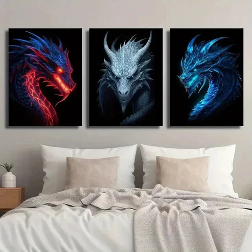 3pcs Ancient Flame Dragon with Shining Teeth Wall Art Set Canvas Unframed - High Quality Print 100% Australian Made Wall Canvas