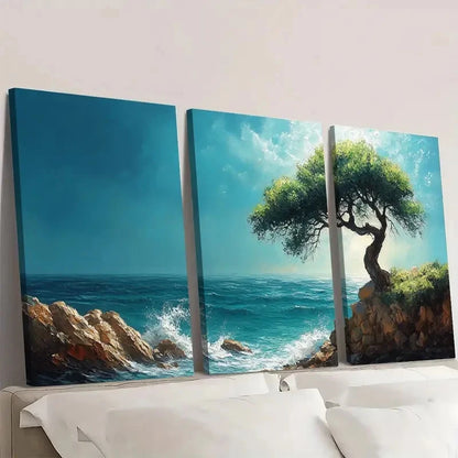 3pcs Turquoise Ocean Rocky Shore Clear Water Wall Art Set Canvas Framed 60x90cm - High Quality Print 100% Australian Made Wall Canvas Ready to Hang