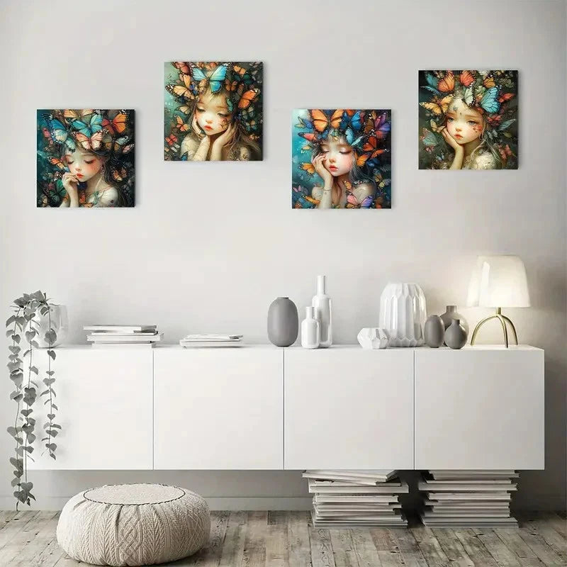 4pcs Fairy with ButterfliesWall Art Canvas Framed