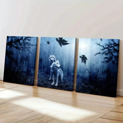 3pcs White Wolves In Forest Modern Wall Art Set Canvas Framed 40x60cm - High Quality Print 100% Australian Made Wall Canvas Ready to Hang
