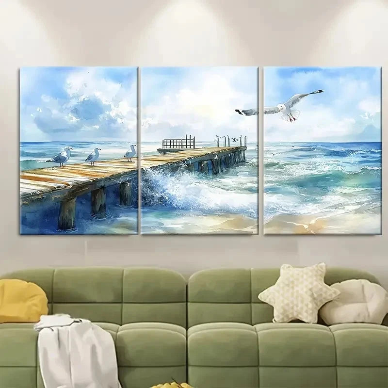 3pcs Beach Pier Ocean Seagull Waves Scene Wall Art Set Canvas Framed 60x90cm - High Quality Print 100% Australian Made Wall Canvas Ready to Hang