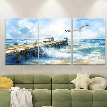 3pcs Beach Pier Ocean Seagull Waves Scene Wall Art Set Canvas Framed 60x90cm - High Quality Print 100% Australian Made Wall Canvas Ready to Hang