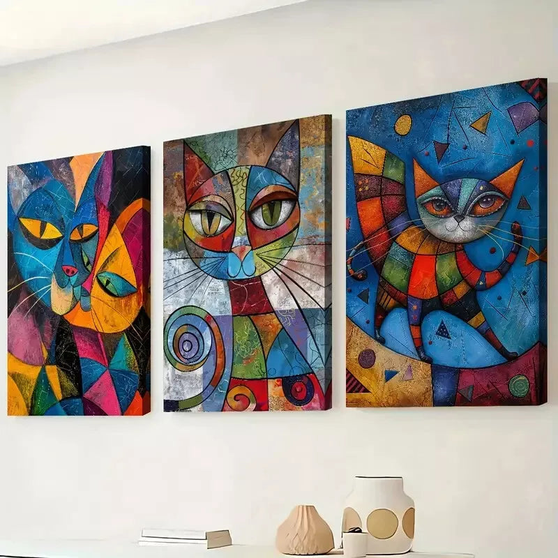 3pcs Multi Colored Abstract Fashion Cat Animal Wall Art Set Canvas Framed 50x70cm - High Quality Print 100% Australian Made Wall Canvas Ready to Hang - Bella Home Decor