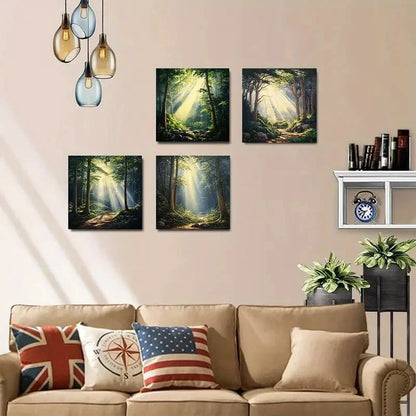 4pcs Serene Forest Sunlit Trees & Waterfall Wall Art Canvas Framed