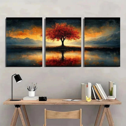 3pcs Vibrant Autumn Leaves & Mountain Reflection Wall Art Set Canvas Framed 40x60cm - High Quality Print 100% Australian Made Wall Canvas Ready to Hang