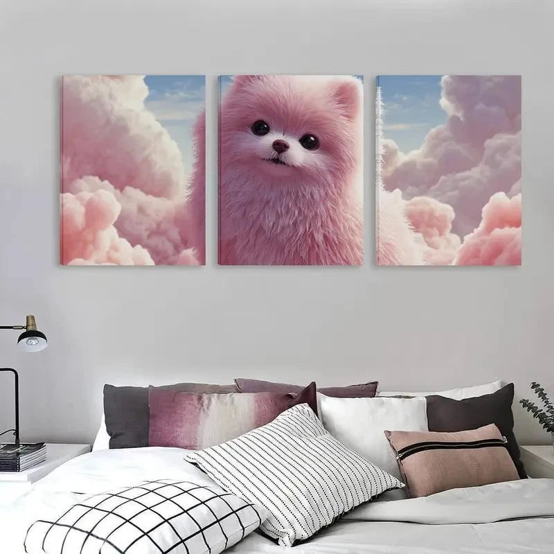 3pcs Pink Pomeranian Dog with Clouds  Wall Art Set Canvas Framed 60x90cm - High Quality Print 100% Australian Made Wall Canvas Ready to Hang