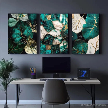 3pcs Botanical Green and Golden Leaf Metal Print Ready to Hang Art