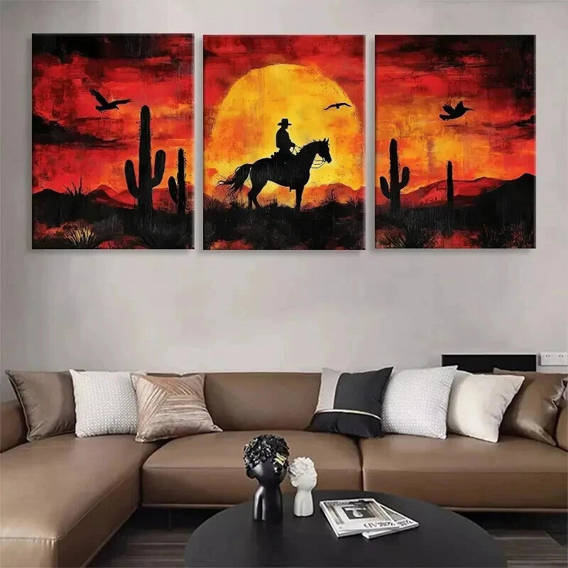 3pcs Western Cowboy Sunset Horse Rider Perfect Wall Art Set Canvas Framed 40x60cm - High Quality Print 100% Australian Made Wall Canvas Ready to Hang