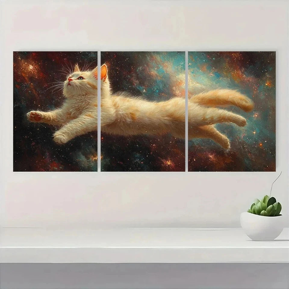 3pcs Surreal White Cat in Cosmic Space Metal Print Ready to Hang Art