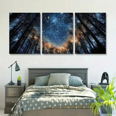 3pcs Modern Blue Starry Night Forest Tree Art Set Canvas Unframed - High Quality Print 100% Australian Made Wall Canvas