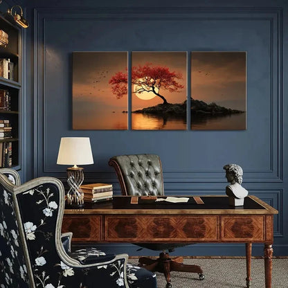 3pcs Sunset Tree Silhouette Red Leaves Tranquil Metal Print Ready to Hang Art