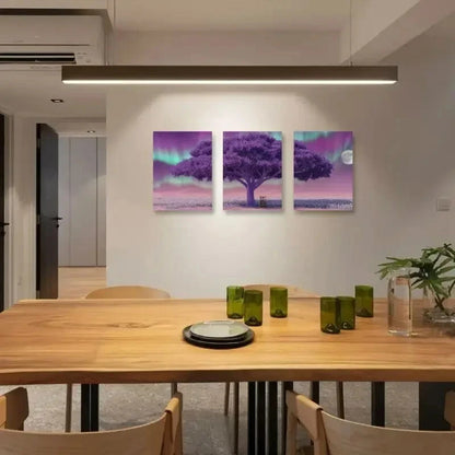 3pcs Solitary Tree Under Northern Lights Metal Print Ready to Hang Art