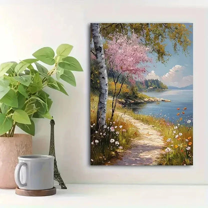 Beautiful Abstract Lakeside Wildflower Painting 60x90cm Metal Print Ready to Hang