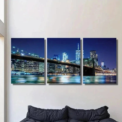3pcs Nighttime Cityscape with a Bridge Wall Art Set Canvas Framed 40x60cm - High Quality Print 100% Australian Made Wall Canvas Ready to Hang