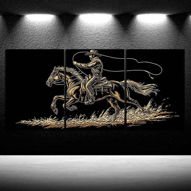 3pcs Stunning Golden Horse Riding Metal Print Ready to Hang Art