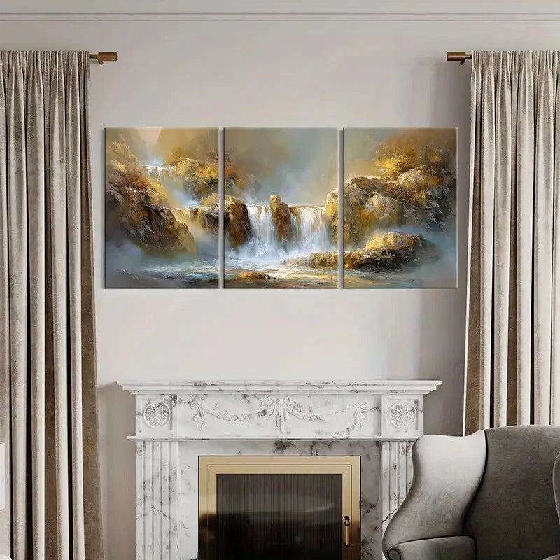 3pcs Waterfall Landscape Abstract Golden Rocks Art Metal Print Ready to Hang Art