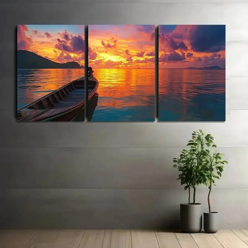 3pcs Sunset Golden Light on Distant Shore Metal Print Ready to Hang Art
