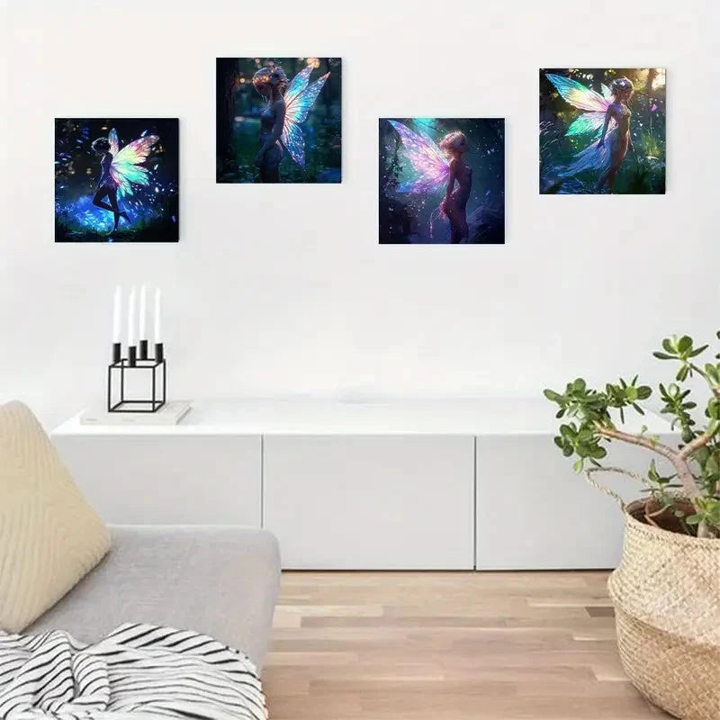 4pcs Ethereal Fairy Design With Glowing Wings  Wall Art Canvas Framed