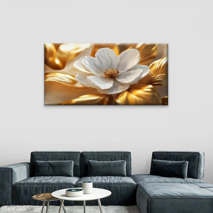Elegant White Flowers Golden Wall Art Canvas Office Home Room Framed 120x60cm