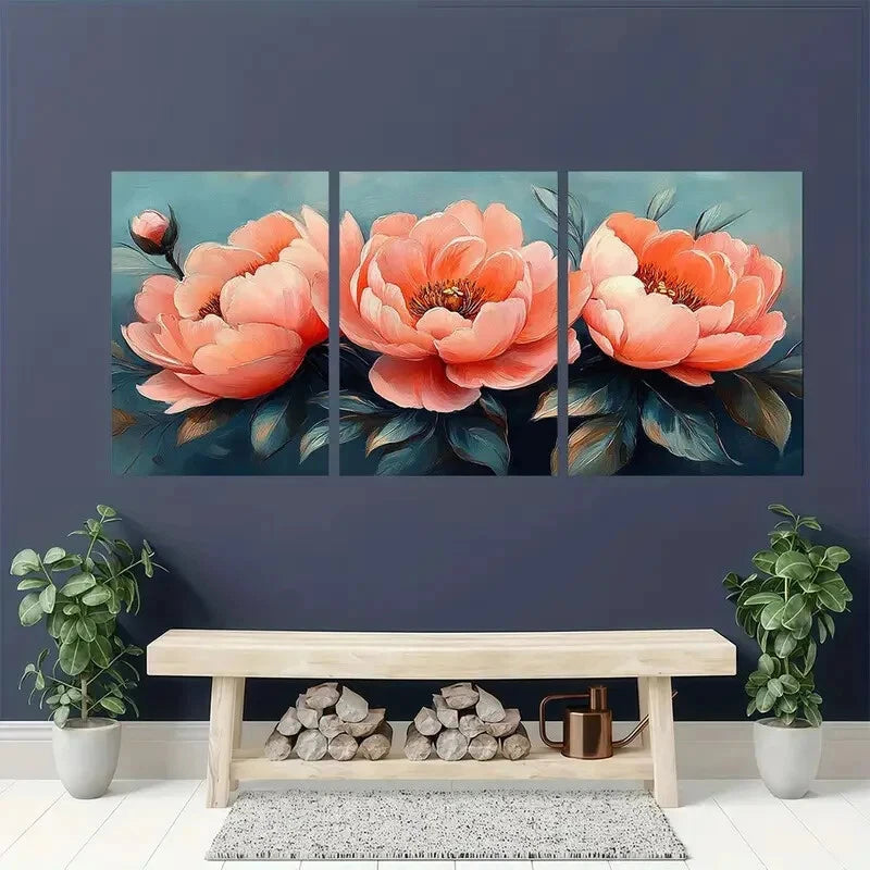 3pcs Vibrant Pink Peach Flowers Blush Peonies Metal Print Ready to Hang Art